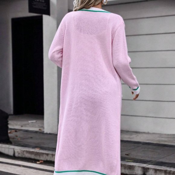 Pink Preppy Womens Contrast Trim Flap Detail Longline Cardigan - Picture 2 of 5